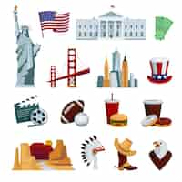 Free vector usa flat icons set with american national symbols and attractions