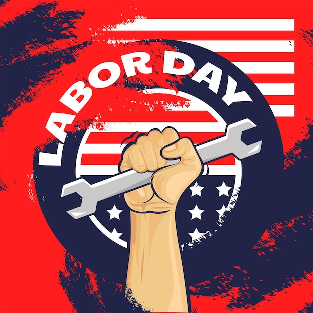 Cartolina d'auguri di usa labor day con priorità bassa del tratto di pennello nei colori della bandiera nazionale degli stati uniti e testo scritta a mano happy labor day