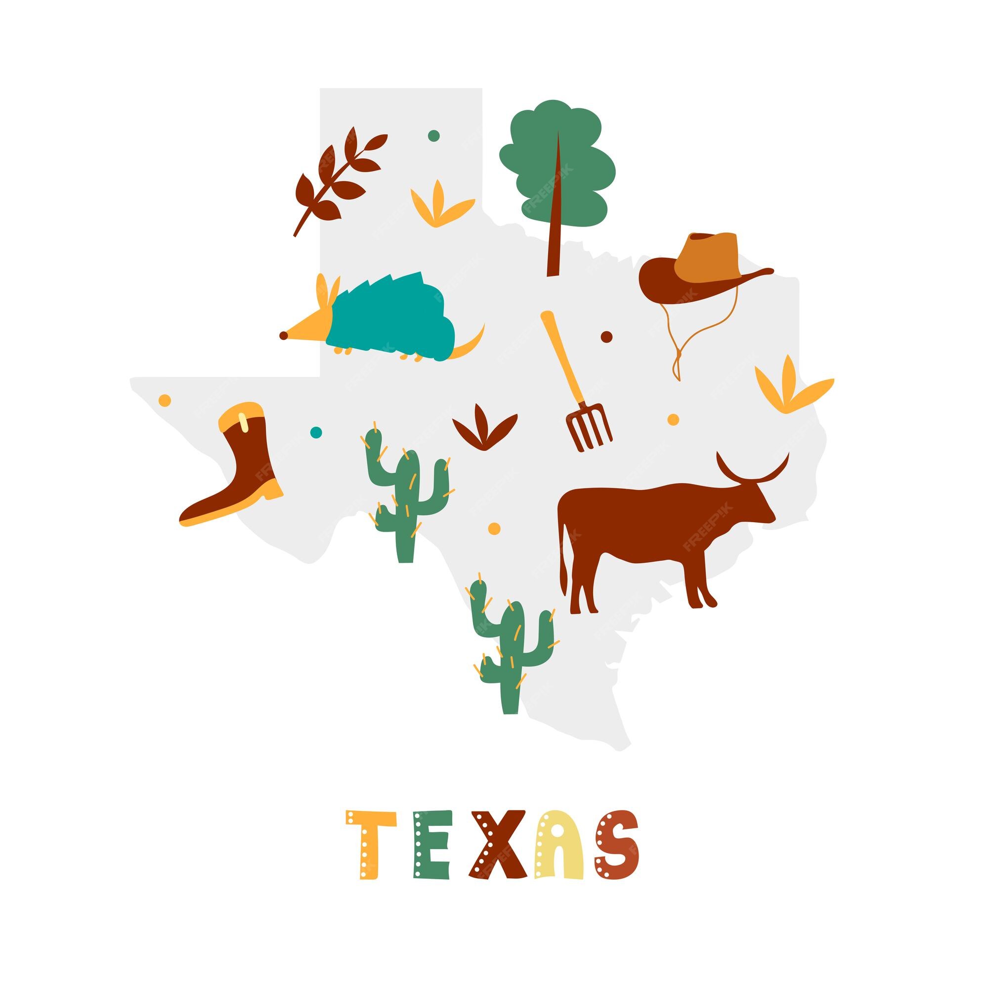 Texas Usa Map States Premium Vector | Usa Map Collection. State Symbols On Gray State Silhouette  - Texas