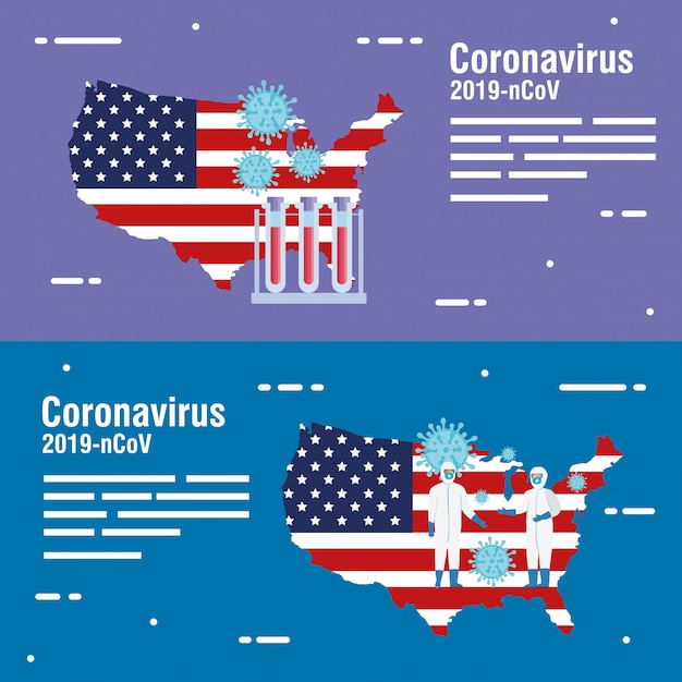 Usa map and flag with covid19 particles and tubes test