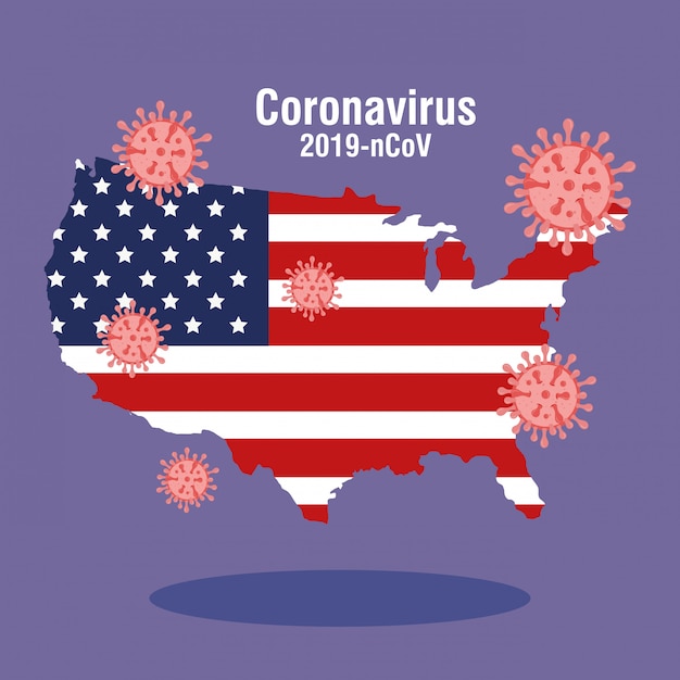 Usa map and flag with covid19 particles