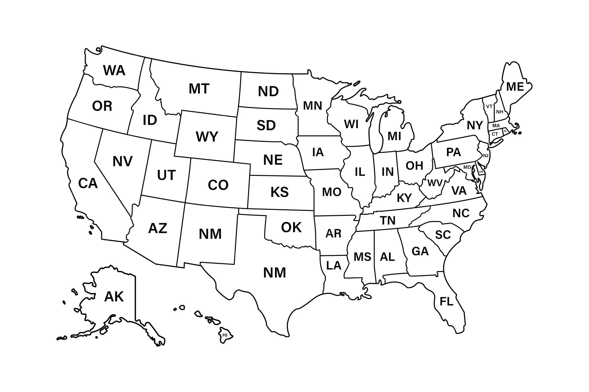 United States With States Labeled Premium Vector | Usa Map States. Vector Line Design. High Detailed Usa Map.  Labeled With Postal Abbreviatations. Stock Vector. Esp 10