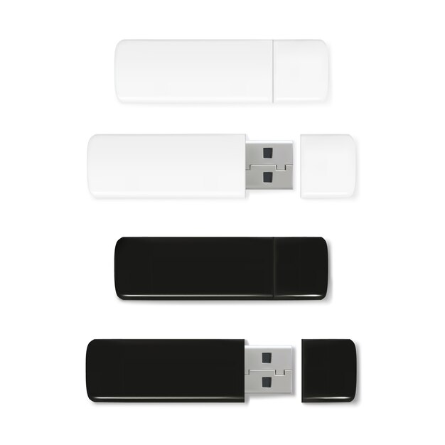 USBフラッシュドライブ3D現実的なメモリスティックのイラスト。黒と白のプラスチックモックアップ