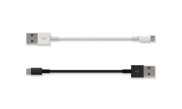 USB micro cable illustration of realistic 3D isolated white and black connector 