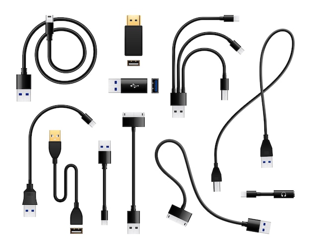 격리된 소비자 전선 연결의 현실적인 커넥터 세트에 USB 유형 포트 플러그