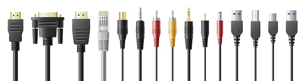 Usb-порты, набор кабелей с реалистичными разъемами и зарядные устройства. различные компьютерные кабели для подключения гаджетов, зарядки и передачи данных. 3d векторные иллюстрации