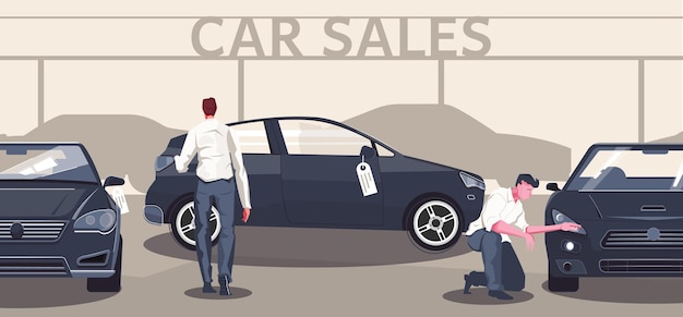 Free vector used car market flat composition of editable text automobile silhouettes and different models with buyer characters illustration