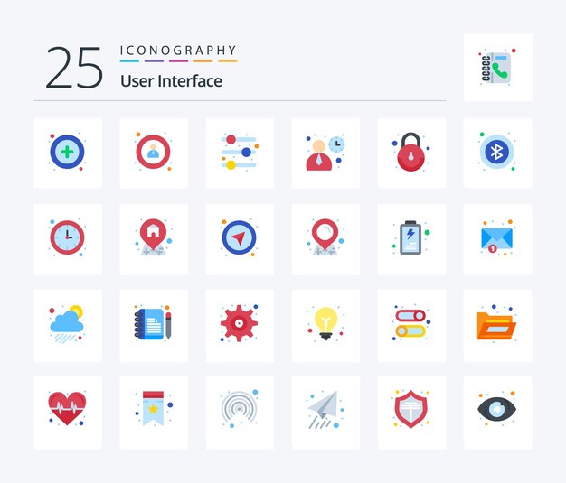 User Interface ชุดไอคอนสีแบน 25 ชิ้น รวมถึง ผู้ใช้ บลูทูธ อินเทอร์เฟซ ผู้ใช้อินเทอร์เฟซ