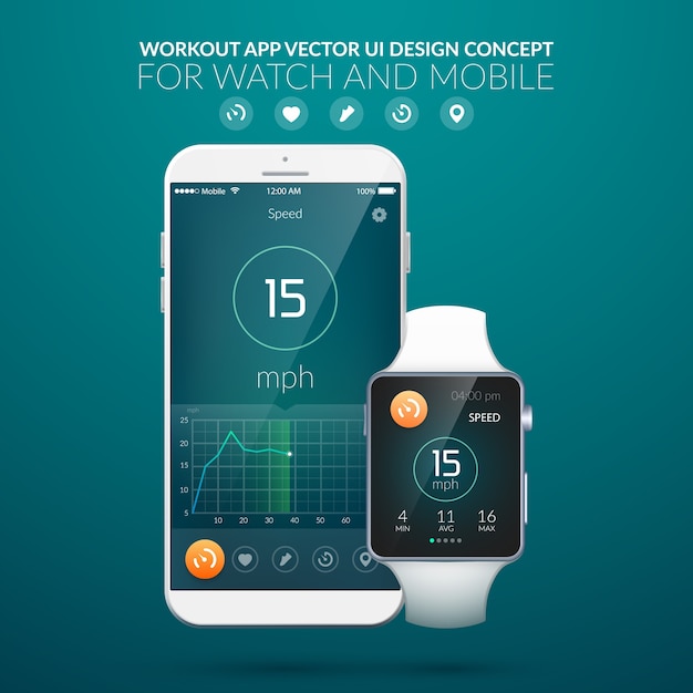モバイルおよび時計デバイスの図のトレーニングアプリケーションのWeb要素とユーザーインターフェイスのデザインコンセプト