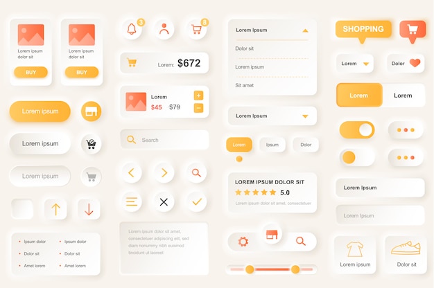 User interface elements for shopping mobile app. shopping platform navigation, product rating and price gui templates. unique neumorphic ui ux design kit. manage, search and payment form and component