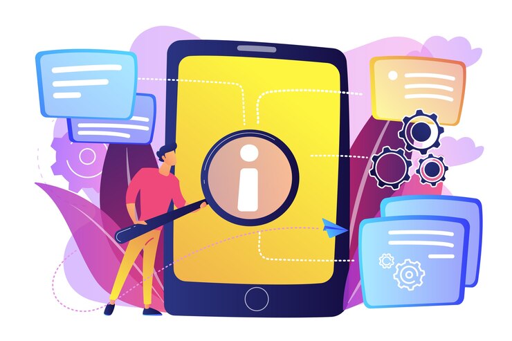 Free Vector user looking for information in tablet with magnifier illustration