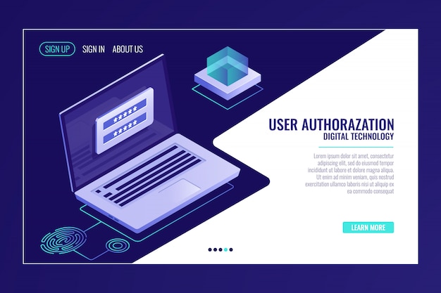 User sign up or sign in page, feedback, laptop with authorization form, web page template