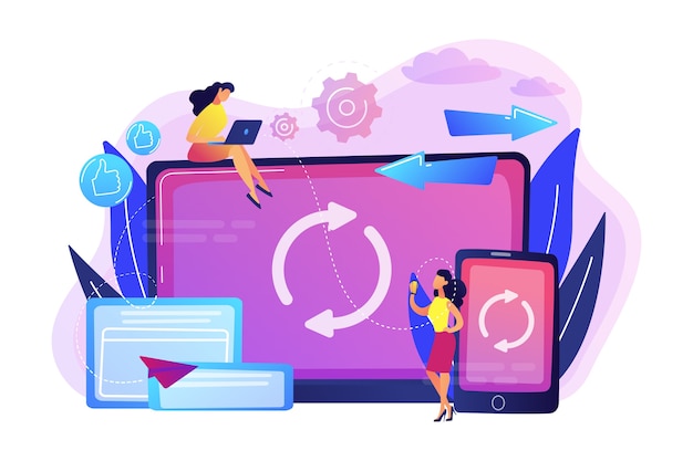 Free vector user with laptop and smartphone synchronizing. cross-device syncing, cross-device synchronization and operation concept on white background. bright vibrant violet  isolated illustration