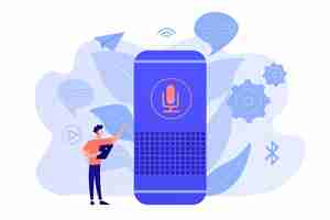 Free vector user with voice controlled smart speaker or voice assistant. voice activated digital assistants, home automation hub, internet of things concept. vector isolated illustration.