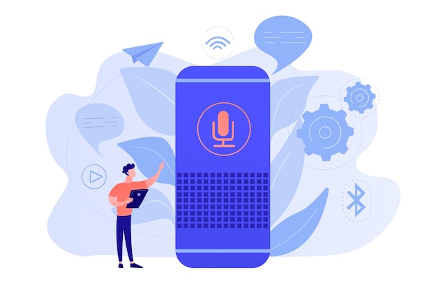 User with voice controlled smart speaker or voice assistant. Voice activated digital assistants, home automation hub, internet of things concept. Vector isolated illustration.