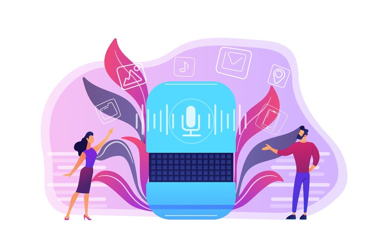 Free Vector users buying smart speaker applications online illustration