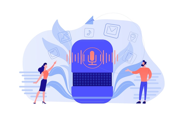 Free vector users buying smart speaker applications online. smart assistant applications online store, voice activated digital assistants apps market concept. vector isolated illustration.