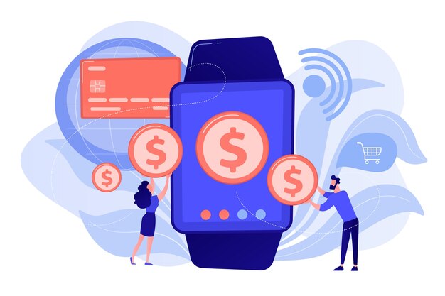 Users shopping and making contactless payment with smartwatch. Smartwatch payment, NFC technology and NFC payment concept Pinkish coral bluevector isolated illustration