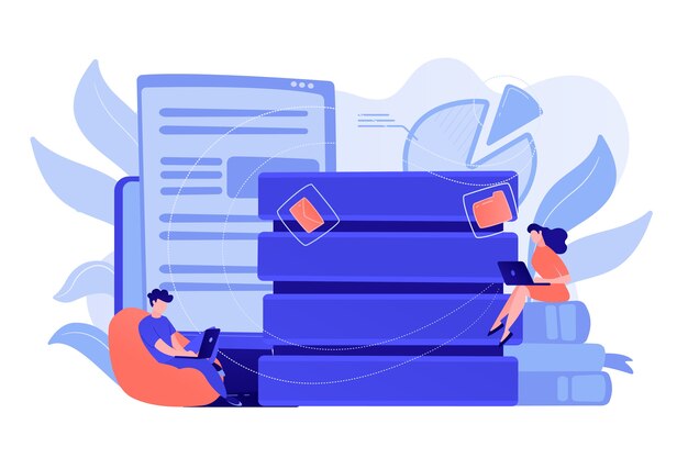 Users working on laptops with data entry. Big data services and technology, information entry equipment, database update and data management concept. Vector isolated illustration.