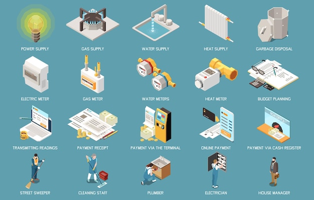 Utility expences isometric icons set with bills and payments isolated vector illustration