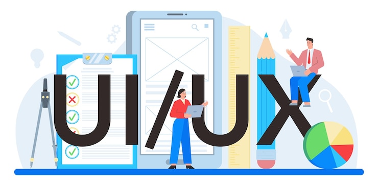 Free Vector ux ui typographic header app interface improvement user interface design and user experience development modern technology concept flat vector illustration