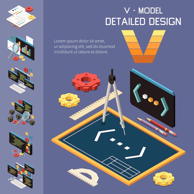 Free vector v model software development isometric composition with gear icons code screens computer workstations and editable text vector illustration