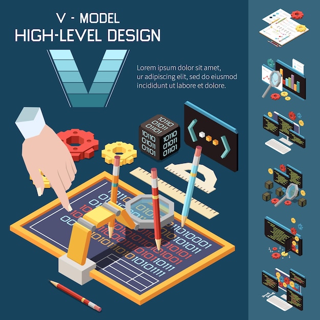 V 모델 소프트웨어 개발 아이소메트릭 컴포지션(인간 손 연필 드로잉 코드, 기어 및 텍스트 벡터 그림 포함)
