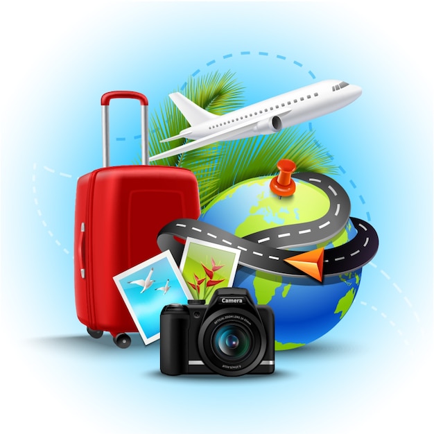 Отпуск и праздники фон с реалистичным глобусом чемодан и фотоаппарат
