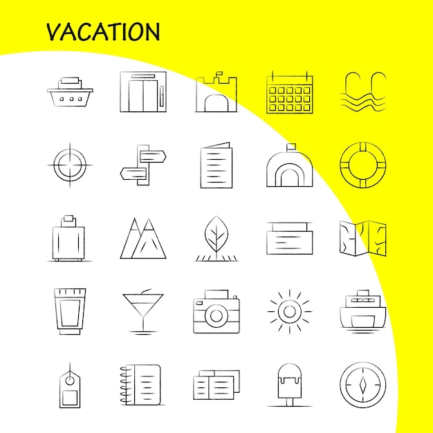 Set di icone disegnate a mano per le vacanze per il kit uxui mobile di infografica e il design di stampa includono picnic summer vacation building vacation city flag board icon set vector