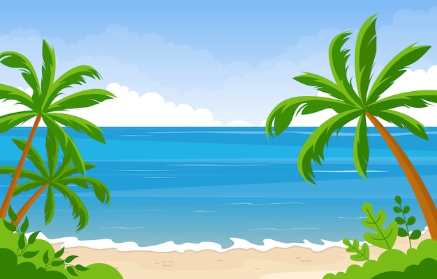 熱帯のビーチでの休暇海ヤシの木夏の風景イラスト プレミアムベクター 熱帯のビーチでの休暇海ヤシの木夏の風景イラスト プレミアムベクター
