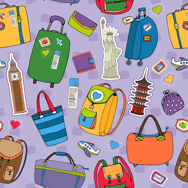 無料ベクター 休暇や旅行のシームレスなパターンベクトル。さまざまなスーツケースのバックパックや、自由の女神や日本の財布や財布など、観光のランドマークが紫色になっています。