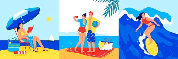 사람들이 셀카를 찍고 라운지에서 책을 읽고 휴일에 고립된 벡터 삽화에서 서핑을 하는 모래 해변 플랫 세트에서 휴가