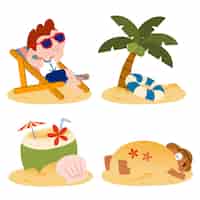Free vector vacation at sea. a man lies on a lounger on a sandy beach, he wear sunglasses and relaxes. lifebuoy and coconut stay on beach vector illustration