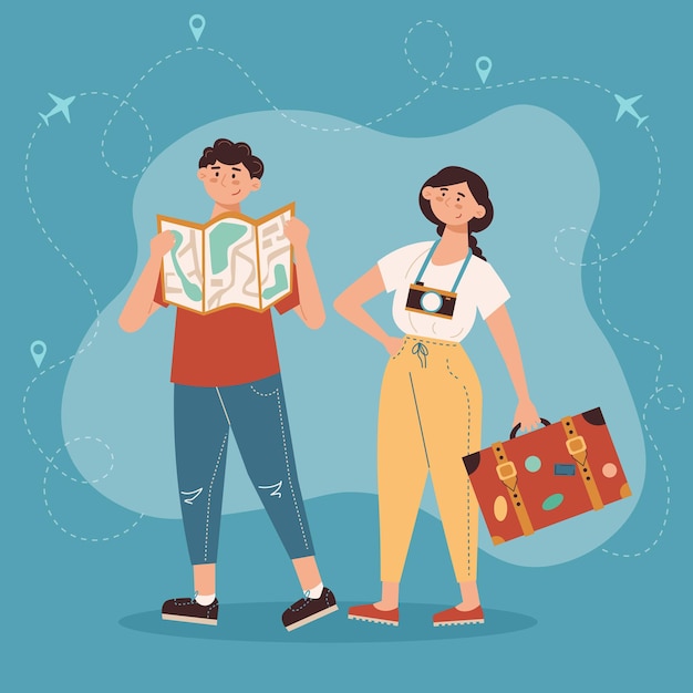 Free vector vacation travel cartoon background image of young couple with retro suitcase camera looking at map vector illustration