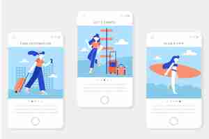 Free vector vacation travel onboarding app screens for mobile phone