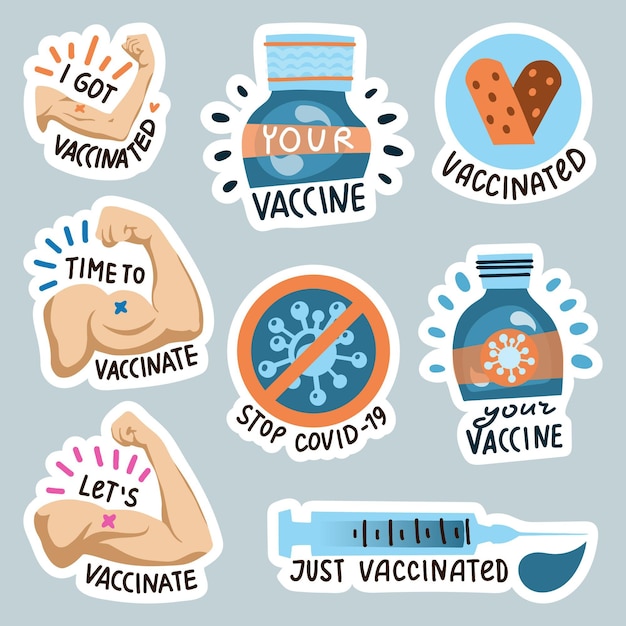 Vettore gratuito raccolta di badge per campagne di vaccinazione