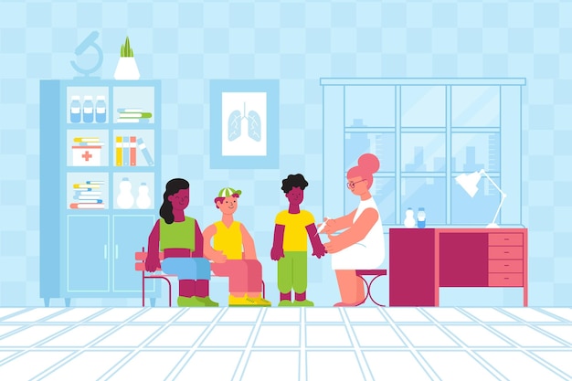 Free vector vaccination immunity flat composition with teenage characters and doctor in her office with pieces of furniture