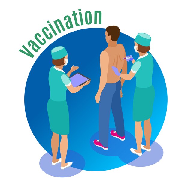 Vaccination isometric illustration with human characters of medical attentants giving jab to male patient with text