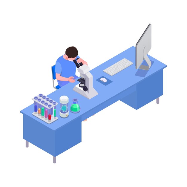 실험실 3d에서 일하는 남자와 예방 접종 아이소메트릭 그림