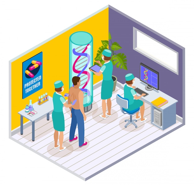 Vaccination isometric indoor composition with clinic surgery room interior elements and patient being vaccinated by doctors