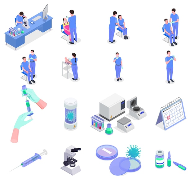 Free vector vaccination isometric set of isolated syringe and tube icons with virus images and characters of doctors vector illustration