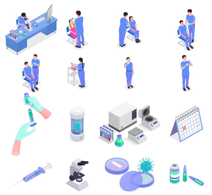 Free Vector vaccination isometric set of isolated syringe and tube icons with virus images and characters of doctors vector illustration