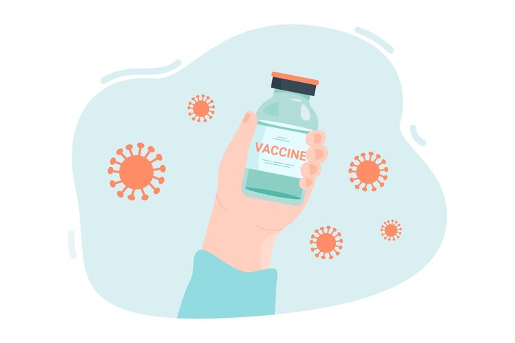 Free Vector vaccine bottle in hands flat vector illustration. coronavirus or flu vaccine. germs in background. vaccination, medicine, virus, health, immunization, epidemic concept