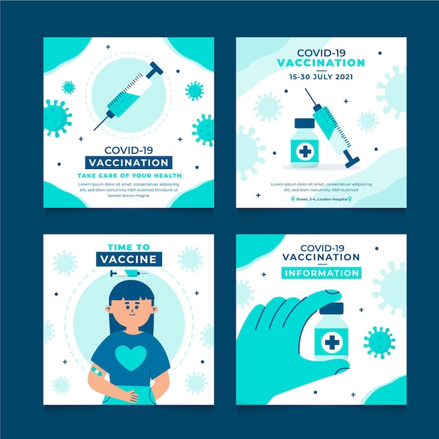 Vettore gratuito vaccino post instagram set design piatto