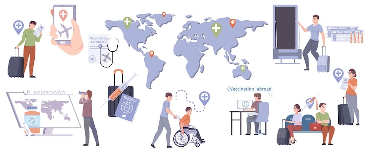 無料Vector ワクチン接種された孤立したベクトルイラストを取得するために他の国に旅行する人々とセットのワクチン観光フラット