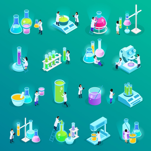 Разработка вакцин набор изометрических иконок с учеными и лабораторного оборудования, изолированных на зеленый