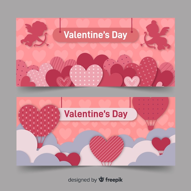 San valentino banner cuori e mongolfiera