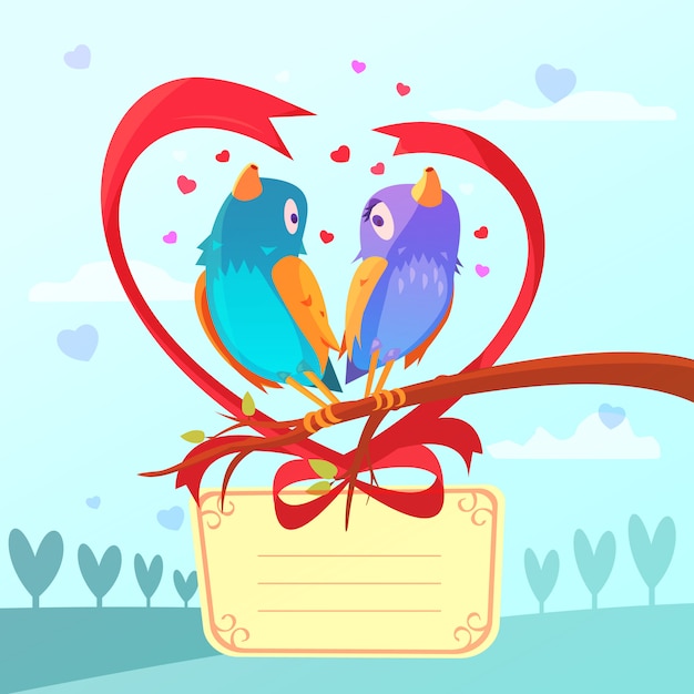 Valentine day retro cartoon card with birds couple