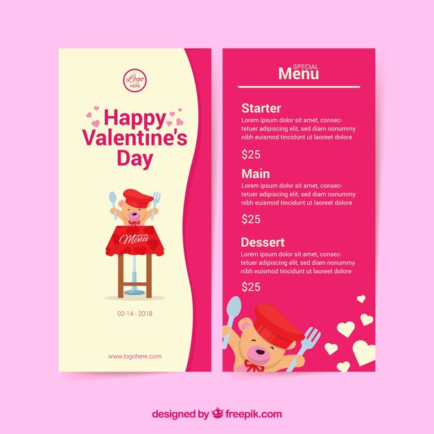 Valentine menu template with bear