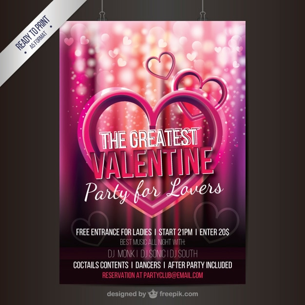 Free vector valentine party flyer with hearts